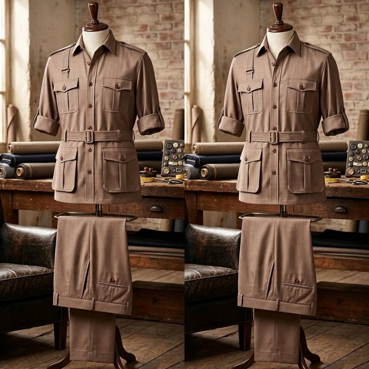 Khaki 2 Pieces Men's Safari Su - Safari Outdoor Hunting Jackets ulasan dan harga